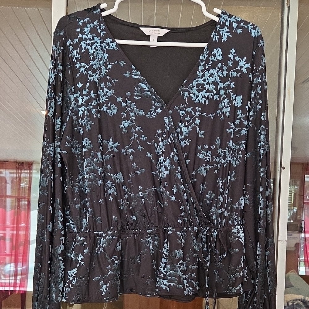 LC Lauren Conrad Black and Blue Floral Blouse
